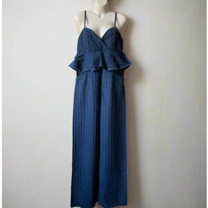 Anthropologie Denim Jumpsuit Womens Blue Sleeveless Peplum Ruffled Striped Long